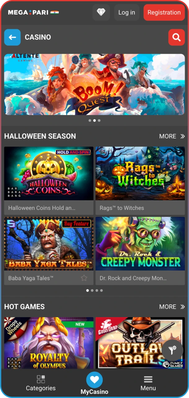 Explore the MegaPari casino interface, featuring a curated selection of the best slots.