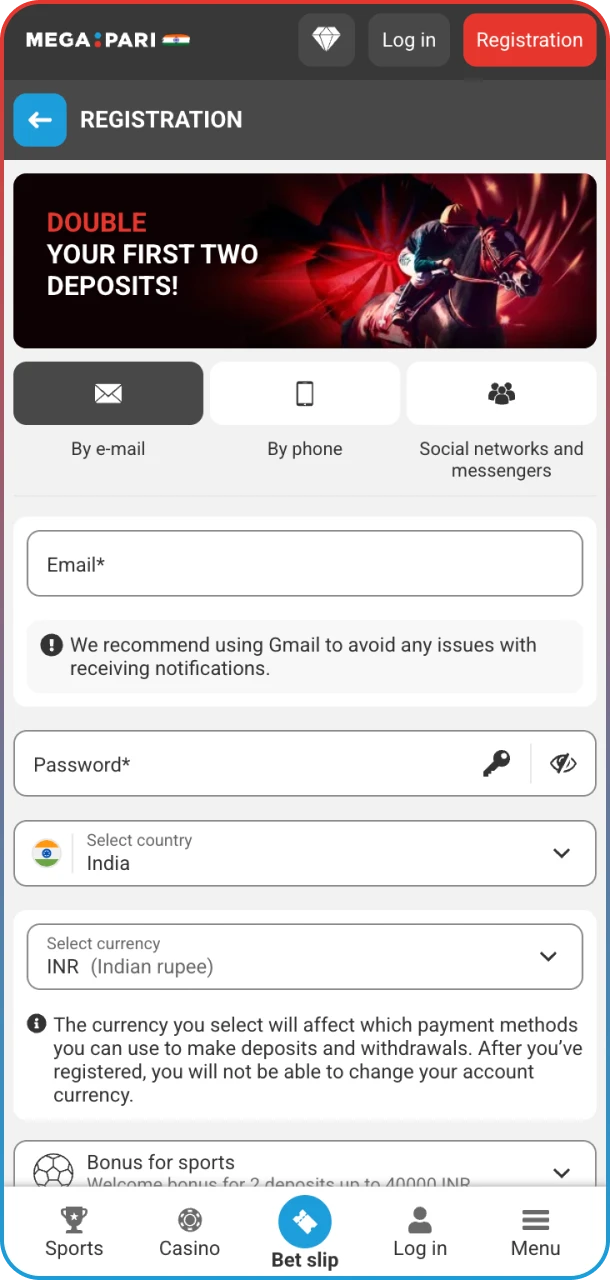 MegaPari app registration screen