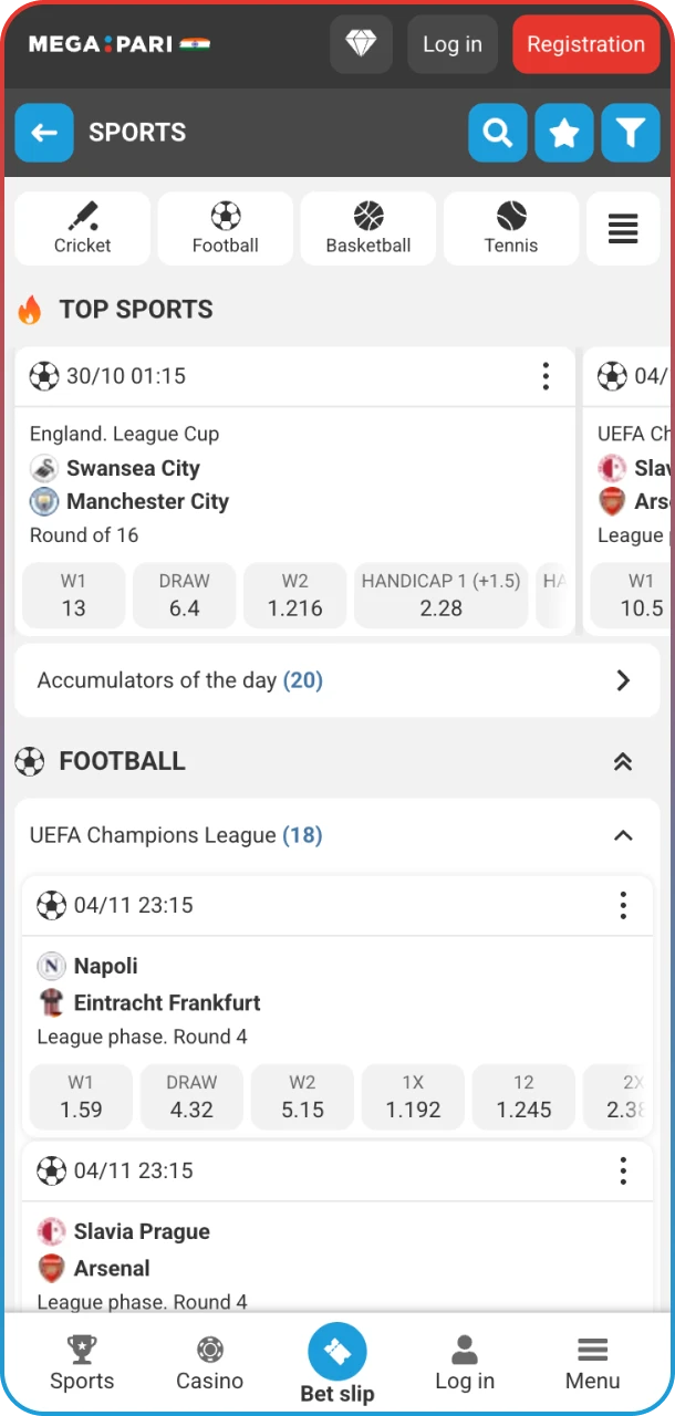 Place your bets on a vast array of sporting events directly within the MegaPari app.
