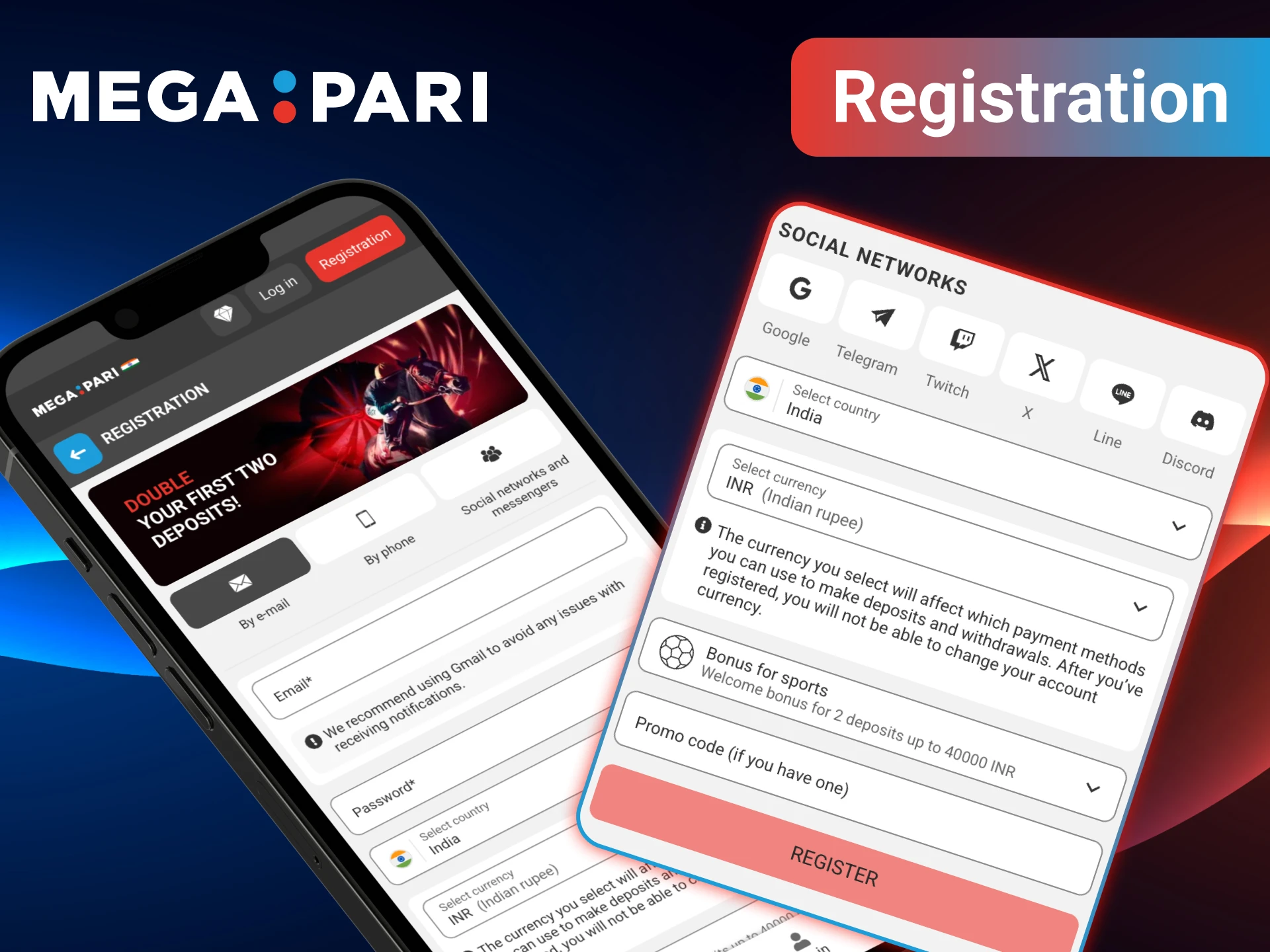 MegaPari Account Creation and Bonus Selection Screen