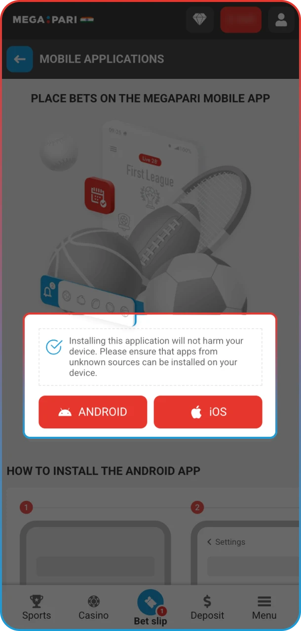 Depending on your device, choose either the Android or iOS version to enjoy MegaPari's tennis offerings.