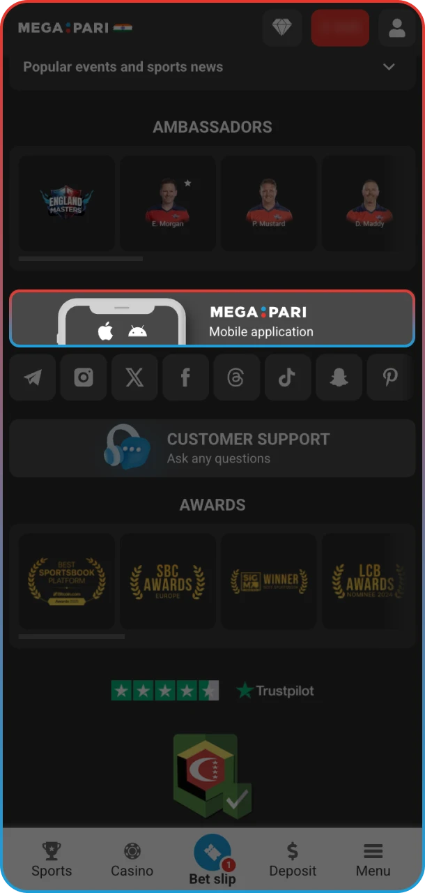 Navigate to the dedicated app page to get started with MegaPari tennis betting.