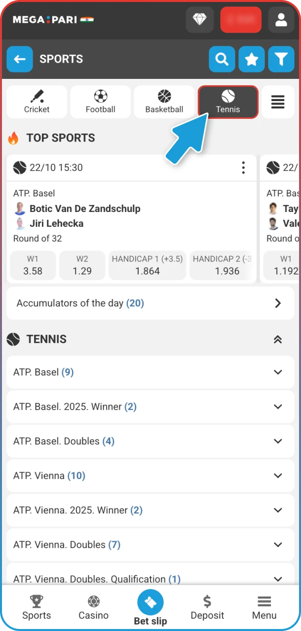 Head over to the sports section to explore everything tennis has to offer at MegaPari.