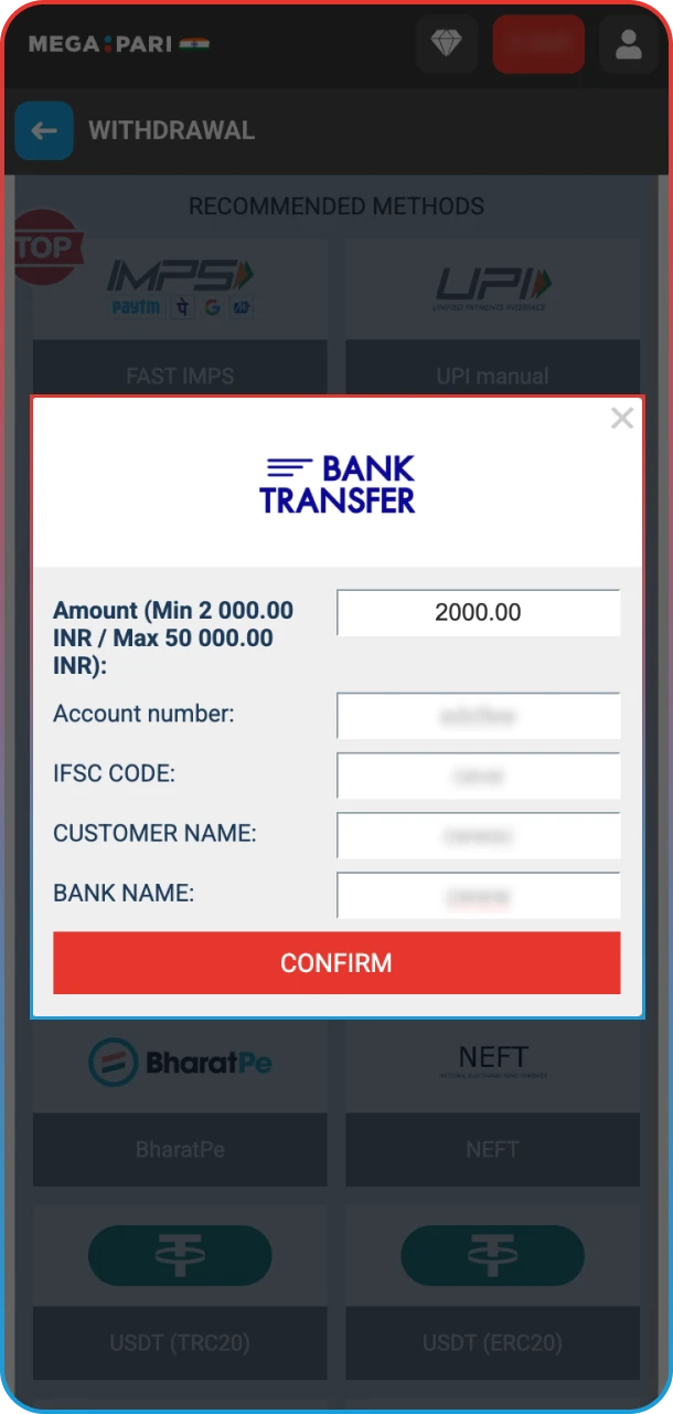 Provide your payment details to receive your winnings from MegaPari.