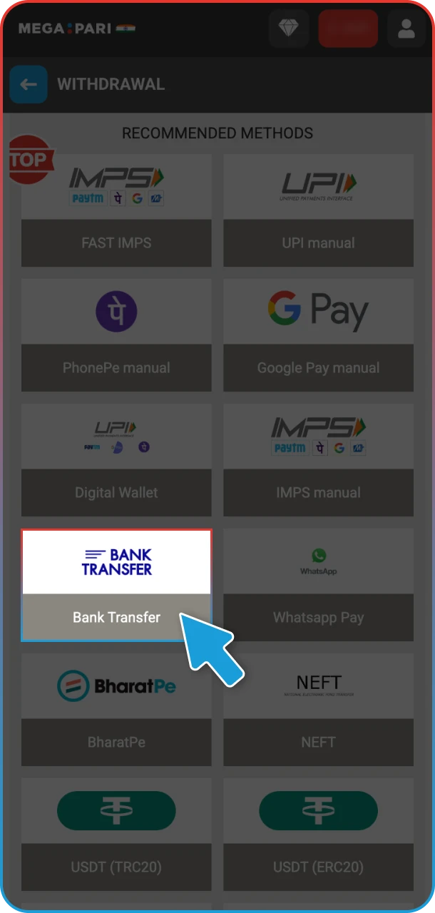 Select the payment method that works best for you on MegaPari.