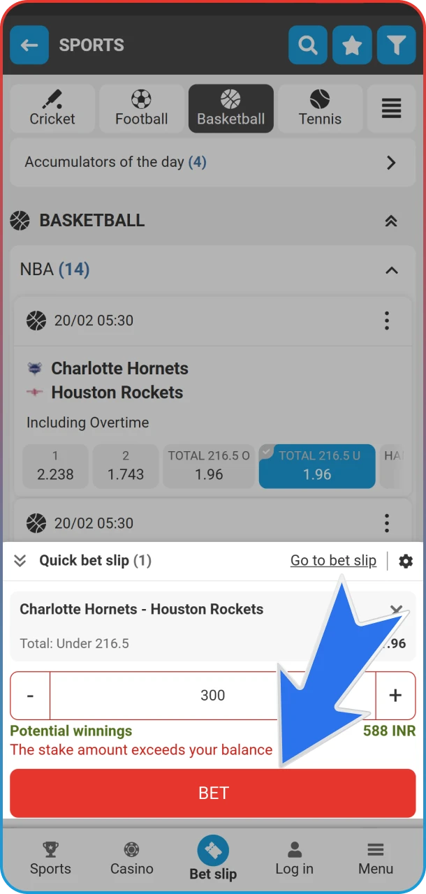 Submit your basketball wager directly through the MegaPari app.