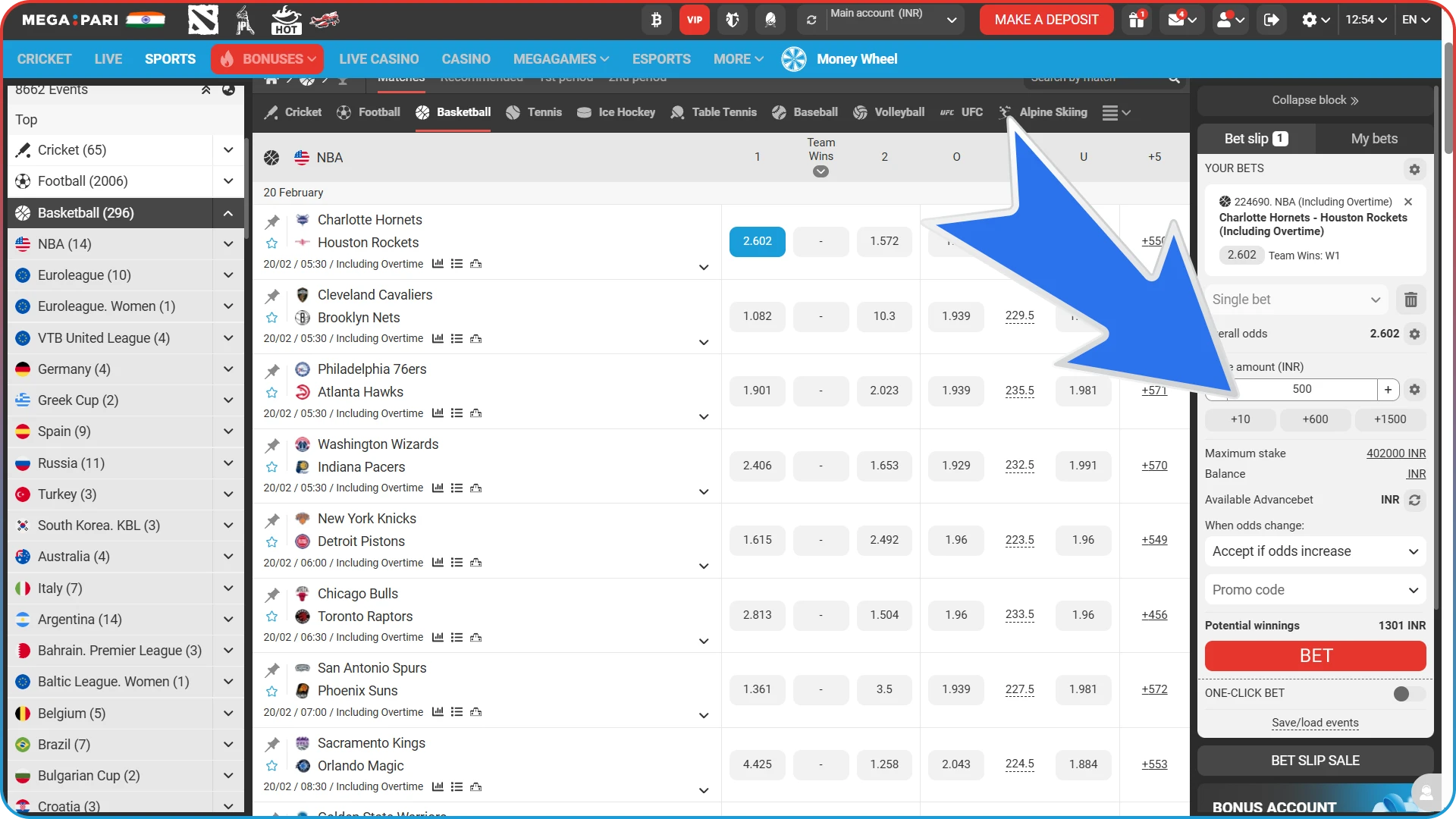 Specify the amount you wish to wager on your basketball bet.