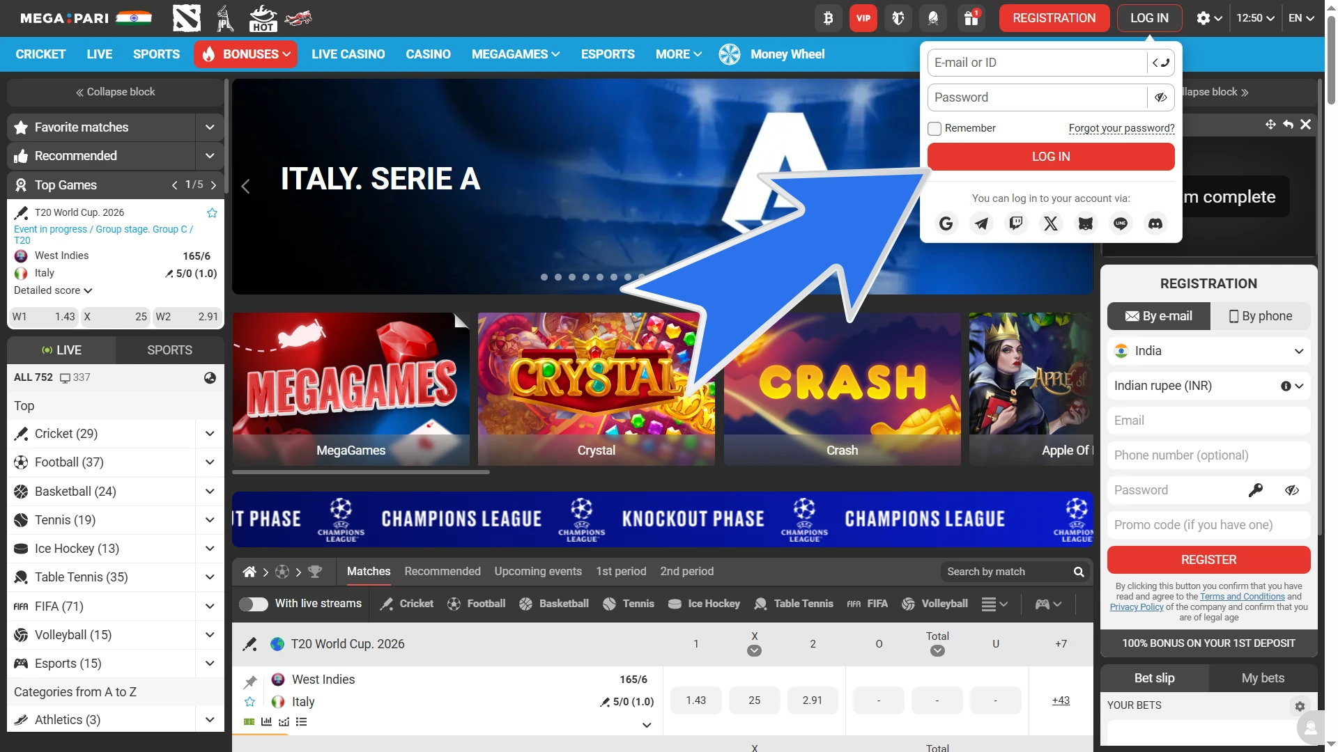 Sign in to your personal MegaPari basketball betting profile.