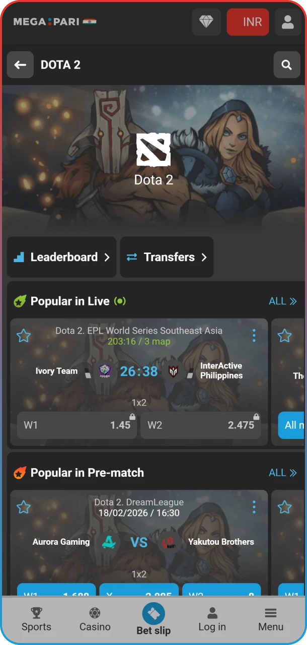Locate the Dota 2 section within the MegaPari esports hub.