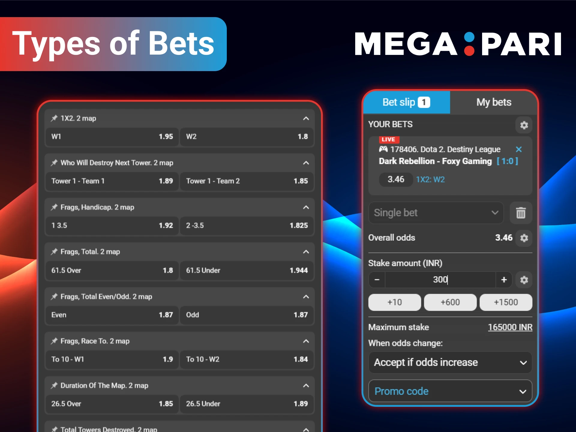 At MegaPari, the choice of how to bet on Dota 2 is entirely in your hands.