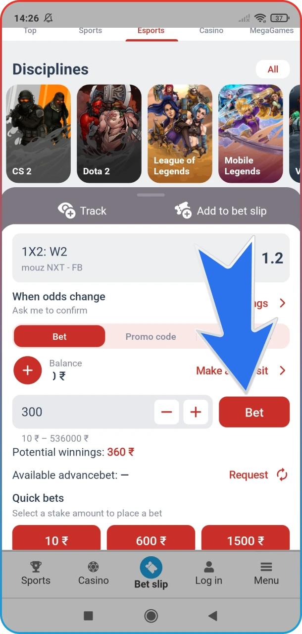 You're all set to start betting on your favorite eSports events with MegaPari.