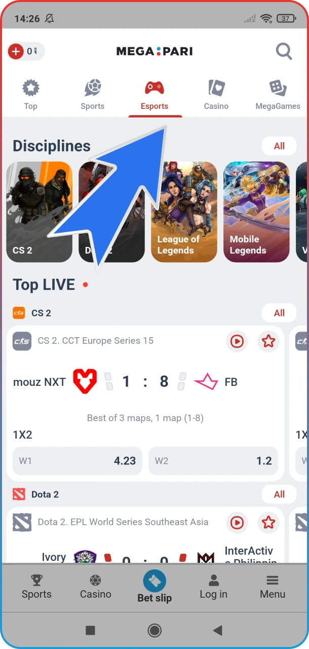 Navigate to the dedicated eSports hub inside the MegaPari app.