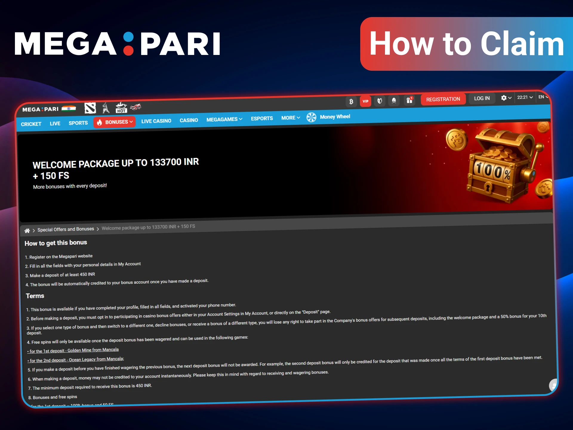 Claiming your eSports welcome bonus from MegaPari is a quick and simple process involving just a few steps.