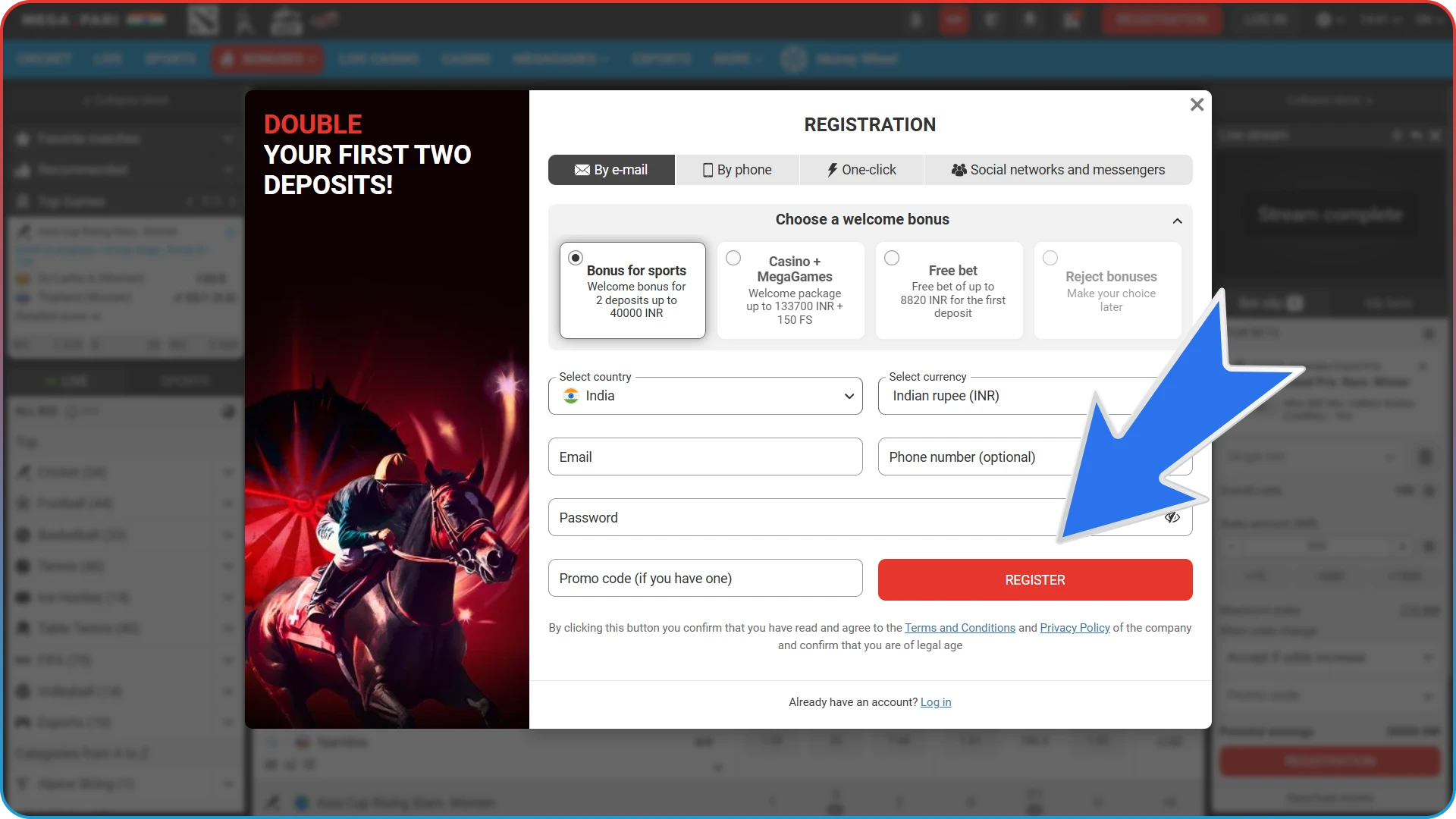 To begin betting on esports, you'll first need to create a MegaPari account.