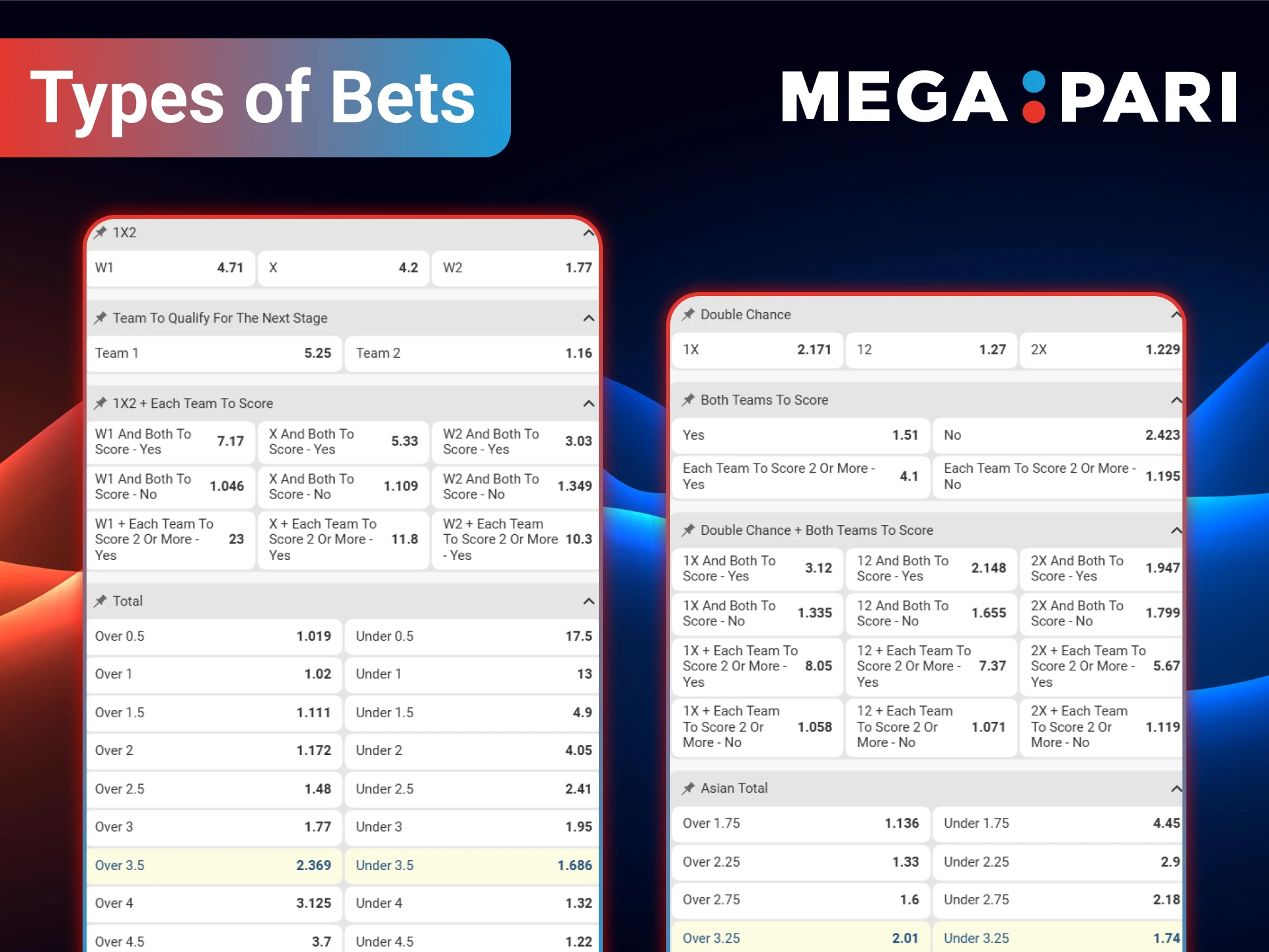Head over to the MegaPari sports menu to select your preferred type of football bet.