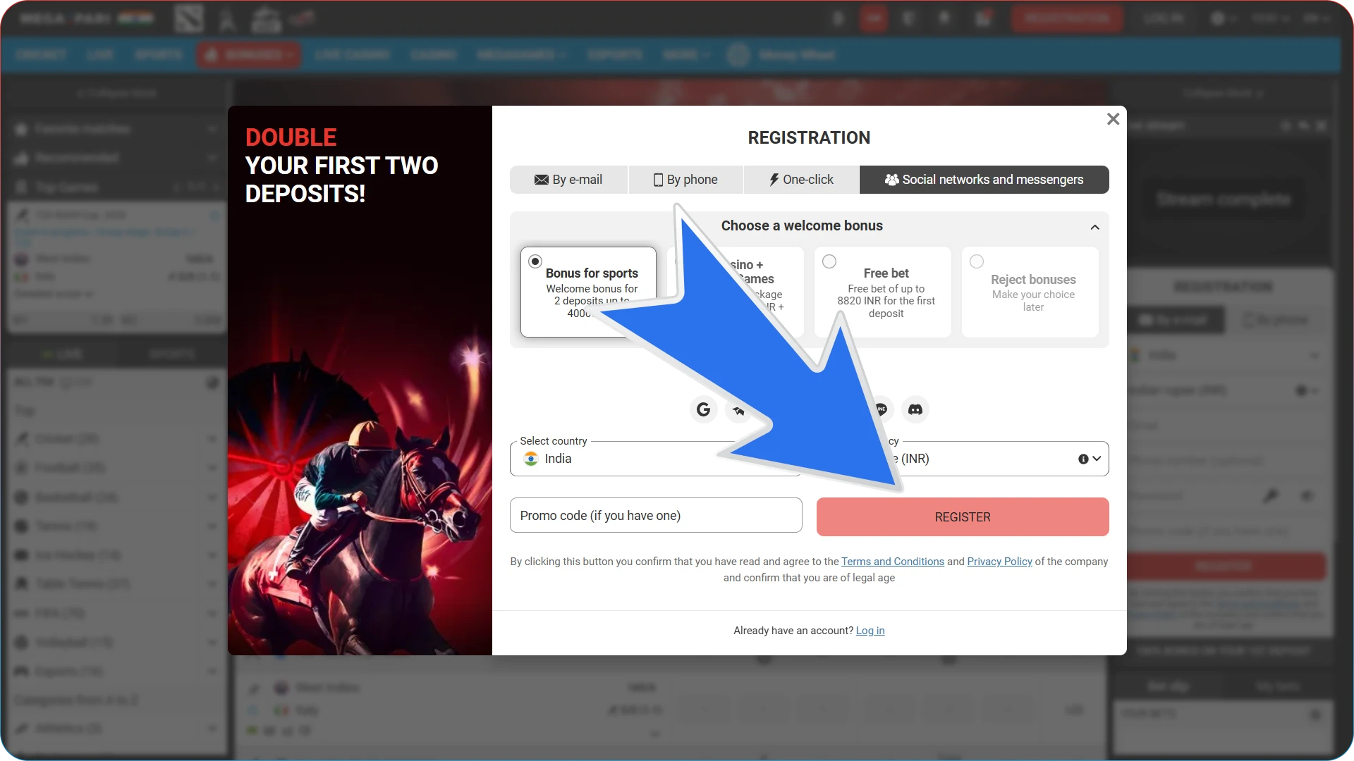 To start betting on Formula 1, you'll first need to create an account on the MegaPari website.