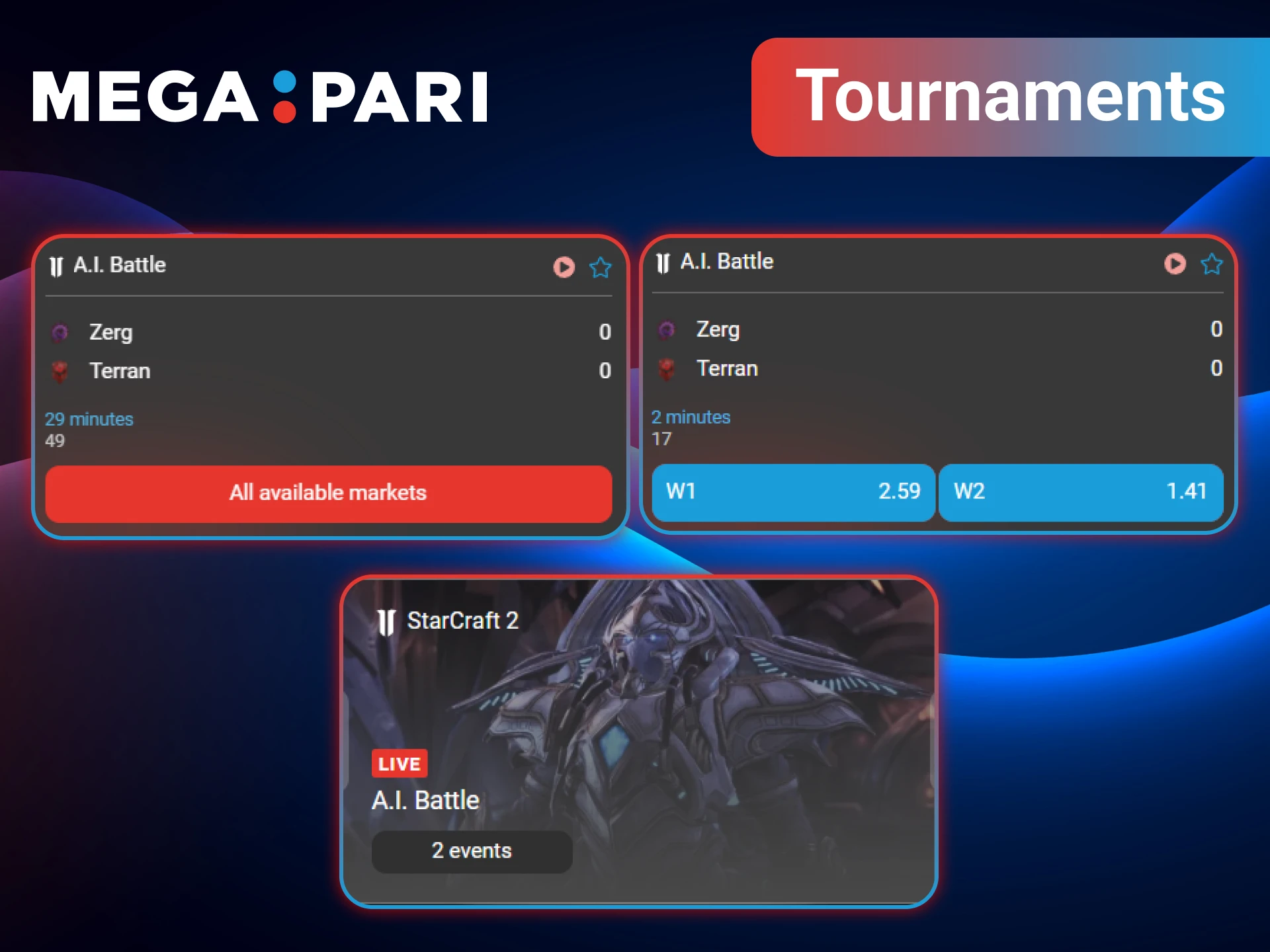 Explore the available StarCraft 2 tournaments on MegaPari and pick your favorite to bet on.