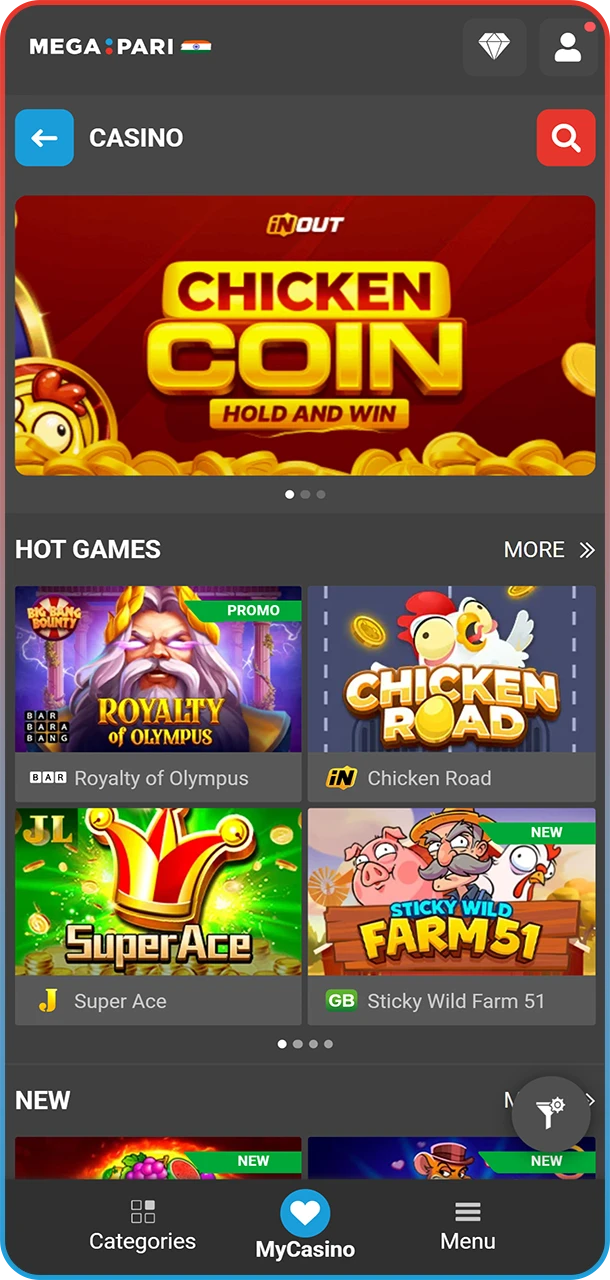 Browse the extensive MegaPari library to find a game that catches your eye.
